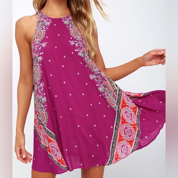 Free People Darjeeling Magenta Print Sleeveless Slip Dress Size Large - Picture 1 of 5
